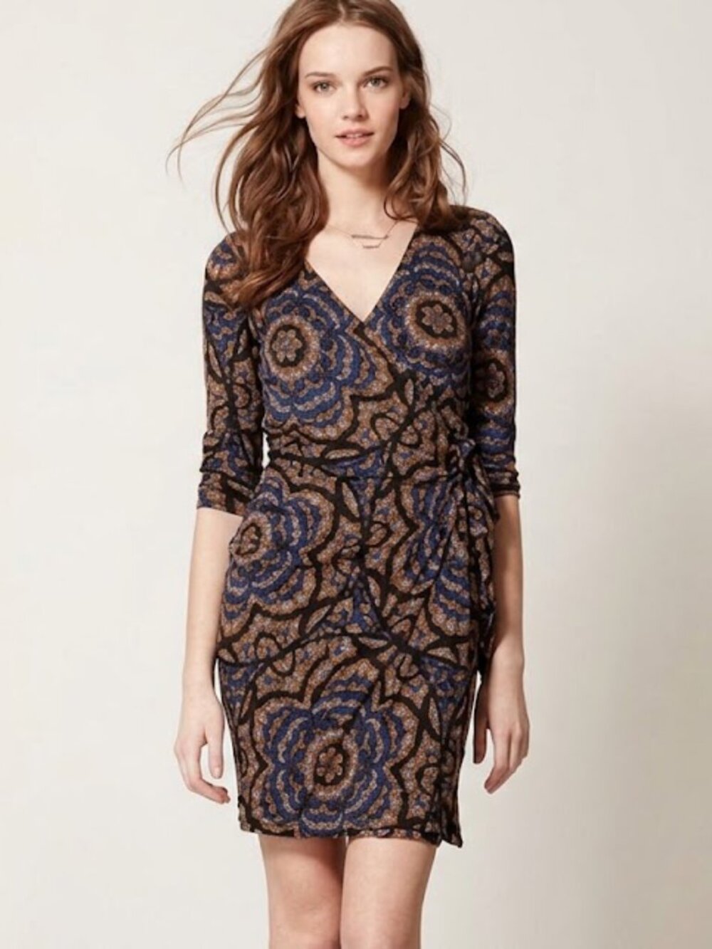 Printed Wrap-Style V-Neck Dress in Blue and Brown